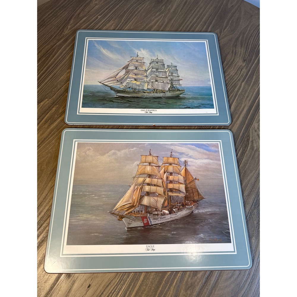 Vintage Pimpernel Placemats Set of 4 Tall Ships Blue Green Nautical Cork - Picture 3 of 8